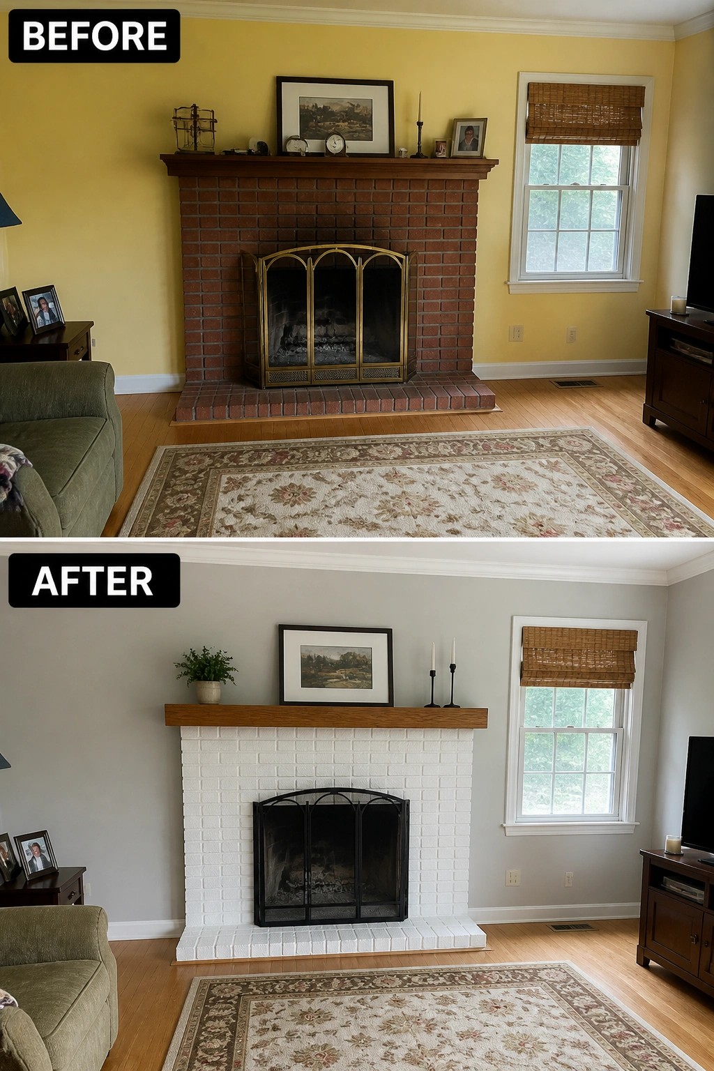 Before-and-after image of a red brick fireplace with a dark mantel changed to a white painted brick fireplace with a lighter wood mantel.