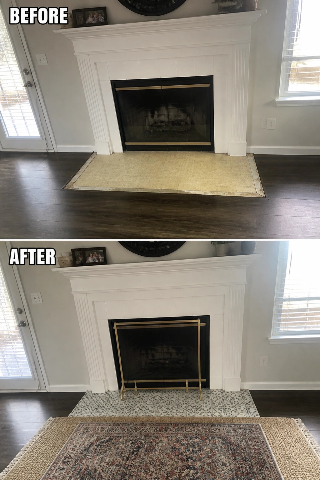 Before-and-after image of a white fireplace with the hearth changed from plain beige tile to patterned tile, a brass screen added, and rugs layered in front.