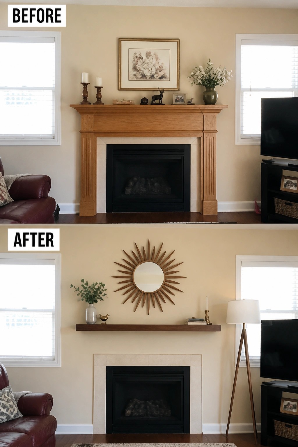 Before-and-after living room fireplace with traditional wood mantel replaced by modern floating shelf and sunburst mirror.