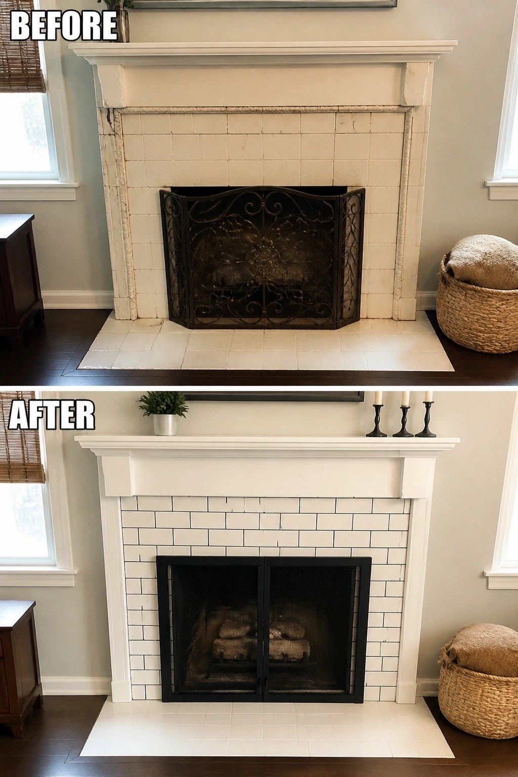 Before-and-after white fireplace: tiled with ornate screen, then brick with black doors.