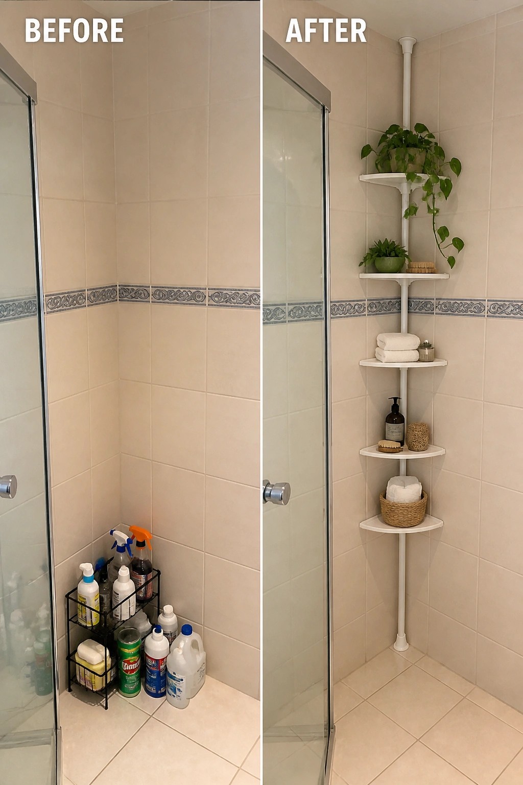 Side-by-side before and after of cluttered shower corner with organized white shelves.