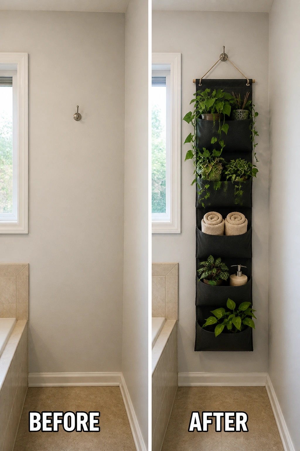 Before and after bathroom wall with hanging black organizer holding plants and towels