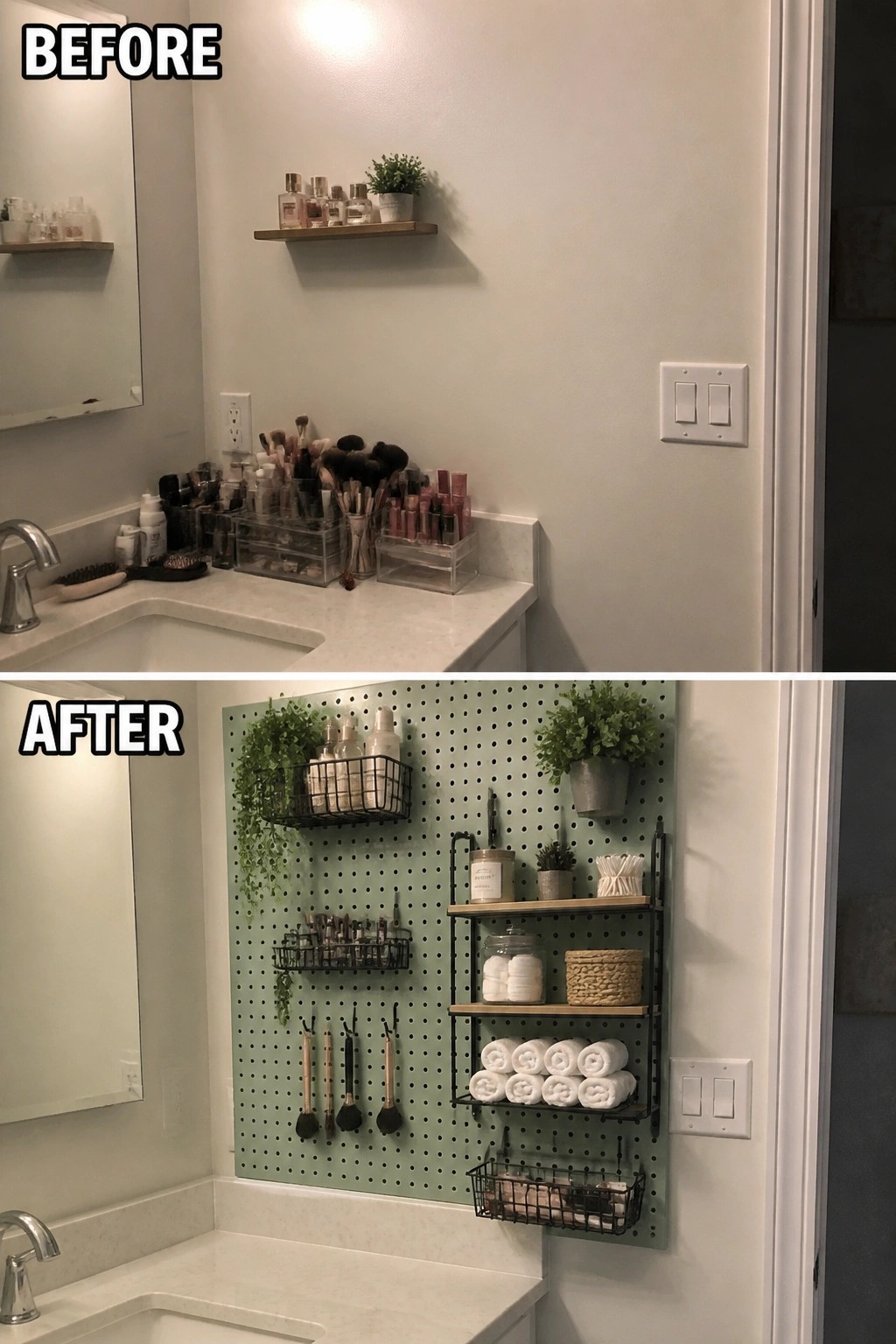 Before cluttered vanity and after mint green pegboard with organized makeup and towels.