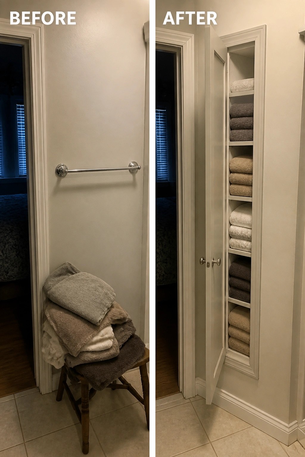 Before and after: towels piled on stool versus neatly organized built-in white cabinet shelves
