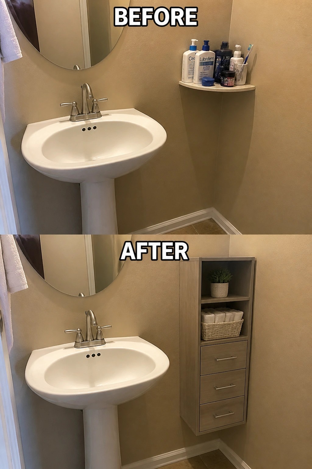 Before and after view of white pedestal sink with new light wood cabinet added.