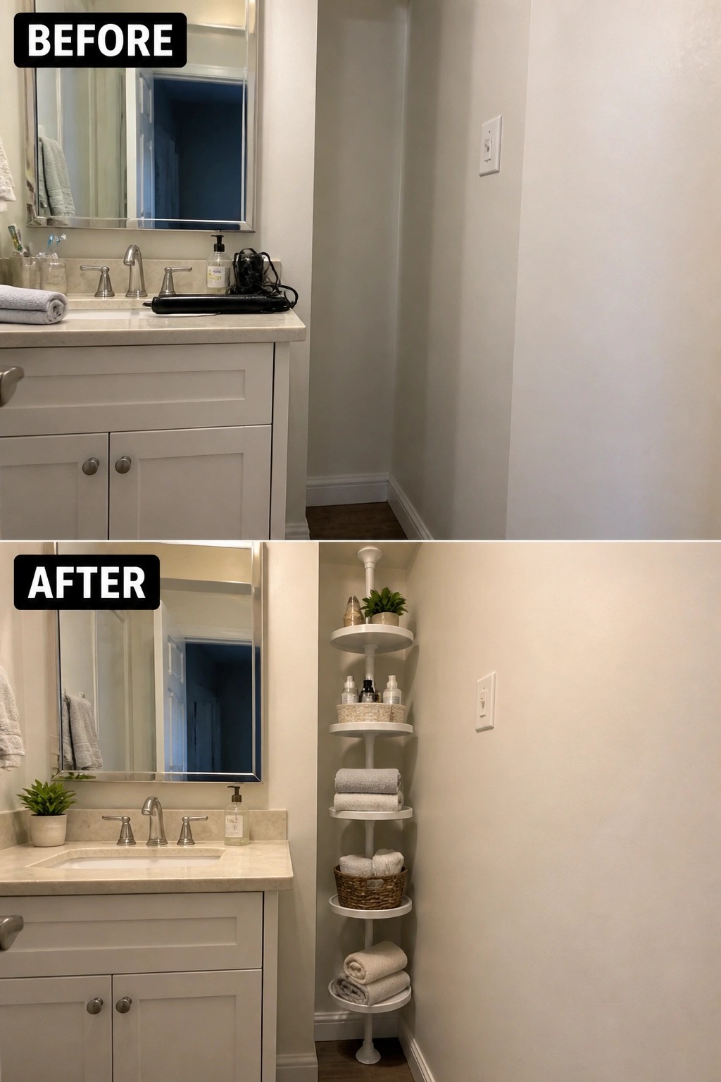 Before and after bathroom corner with added white tiered shelving unit holding towels.