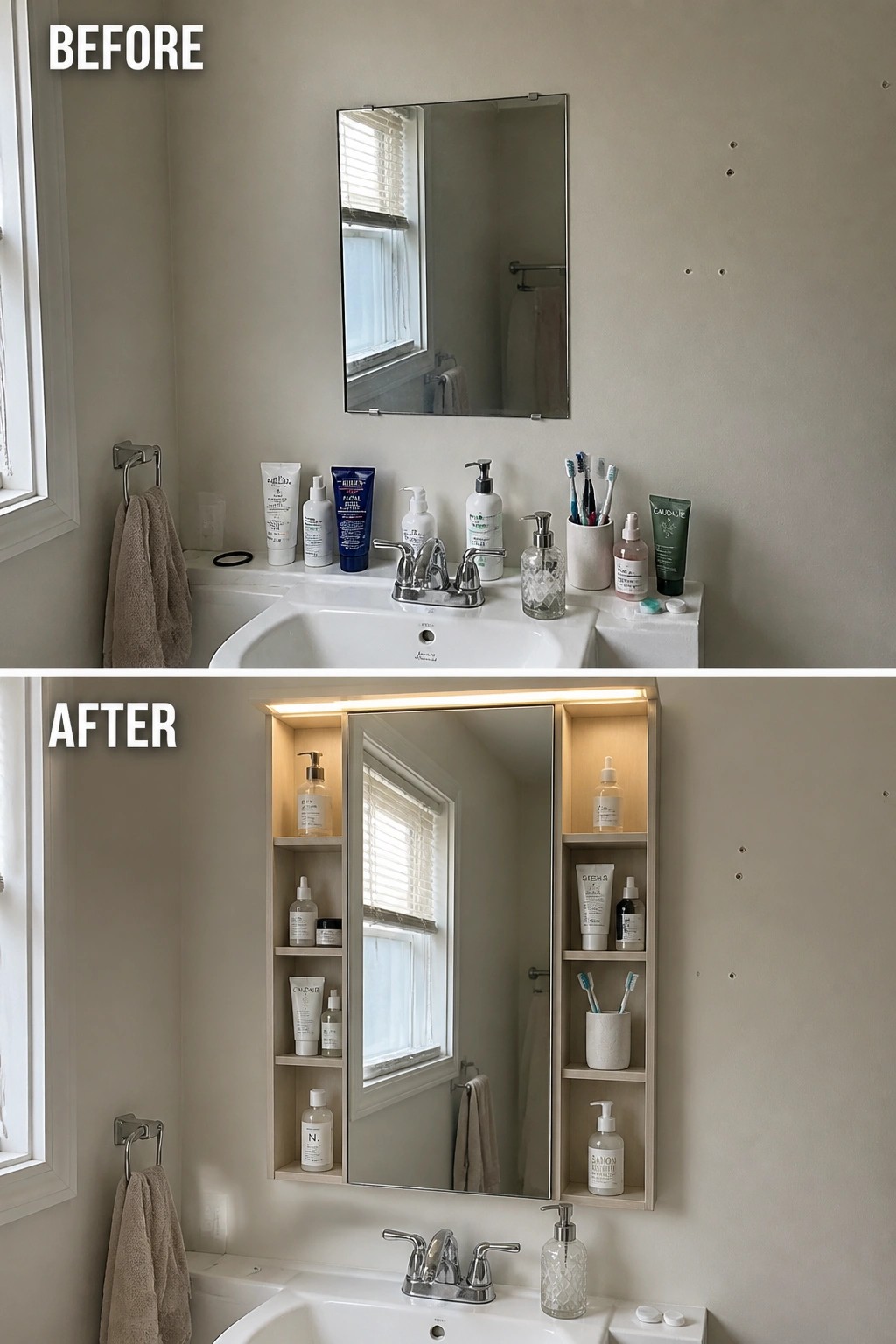 Before and after of cluttered bathroom sink transformed with lighted mirror cabinet