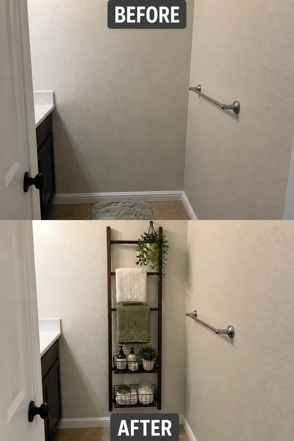 Before and after bathroom corner with wooden ladder shelf holding towels and plants.