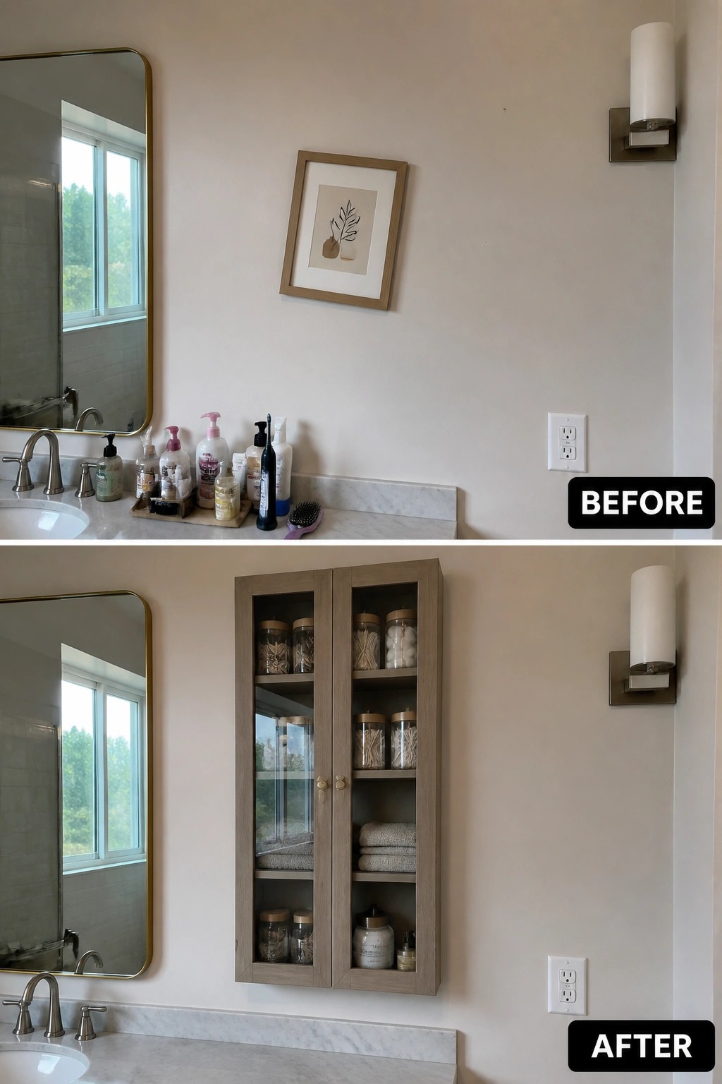 Before and after bathroom wall with installed wooden storage cabinet and organized items.