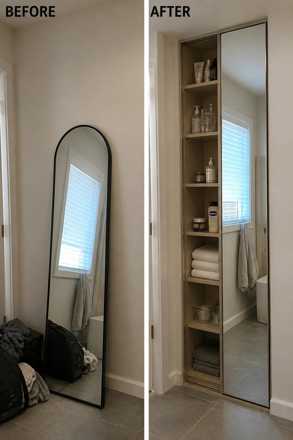 Before leaning mirror and after built-in mirrored bathroom cabinet with shelves.
