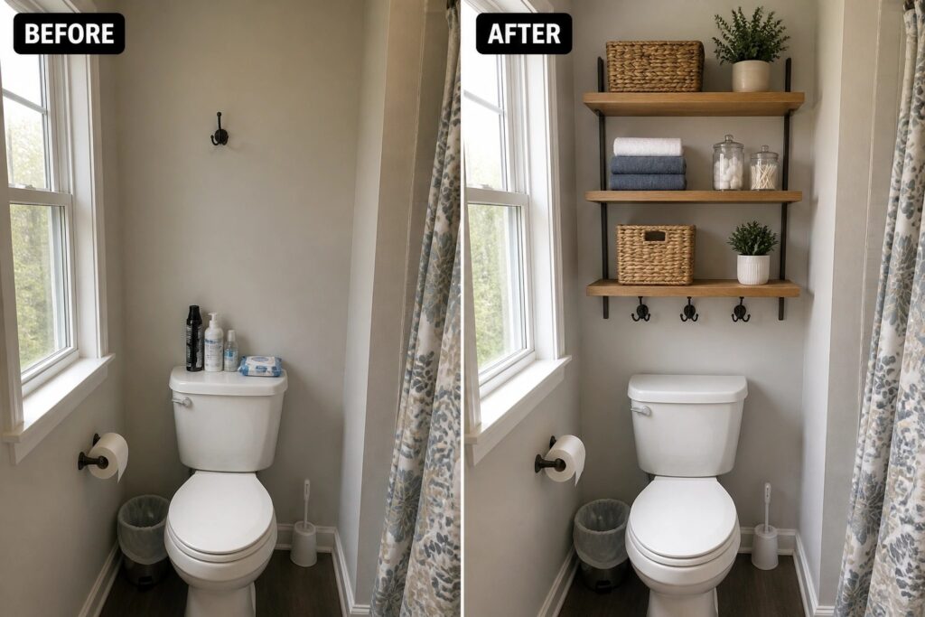 Before and after of bathroom with new wooden shelves and decor above toilet