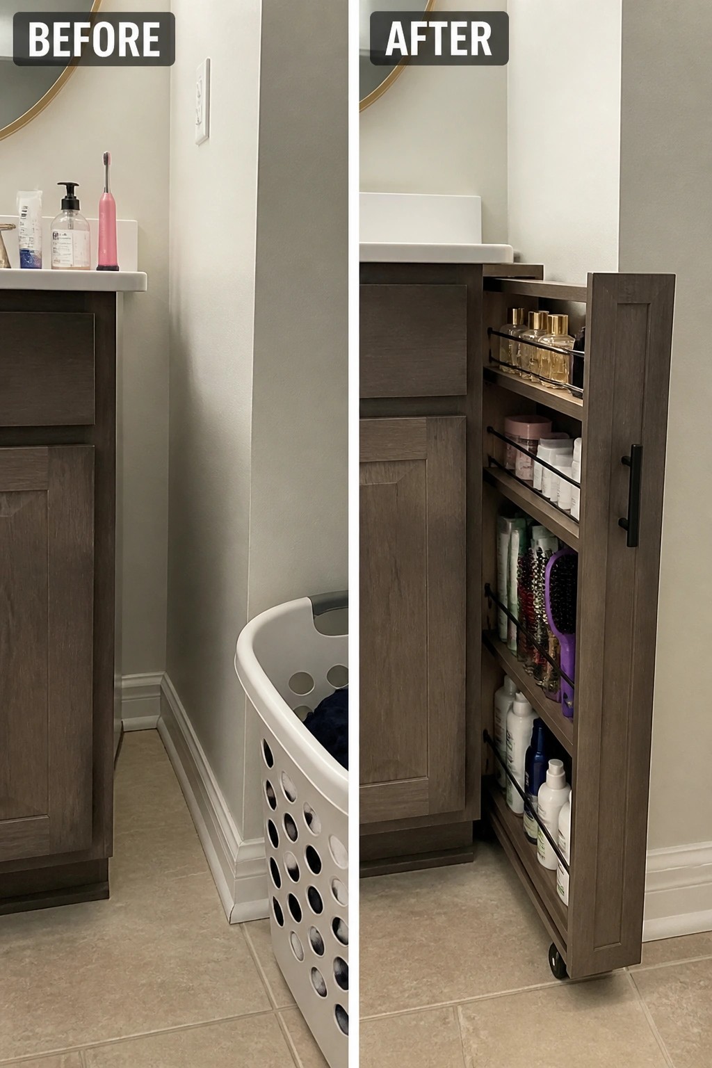 Before and after of narrow bathroom space with laundry basket replaced by pull-out organizer