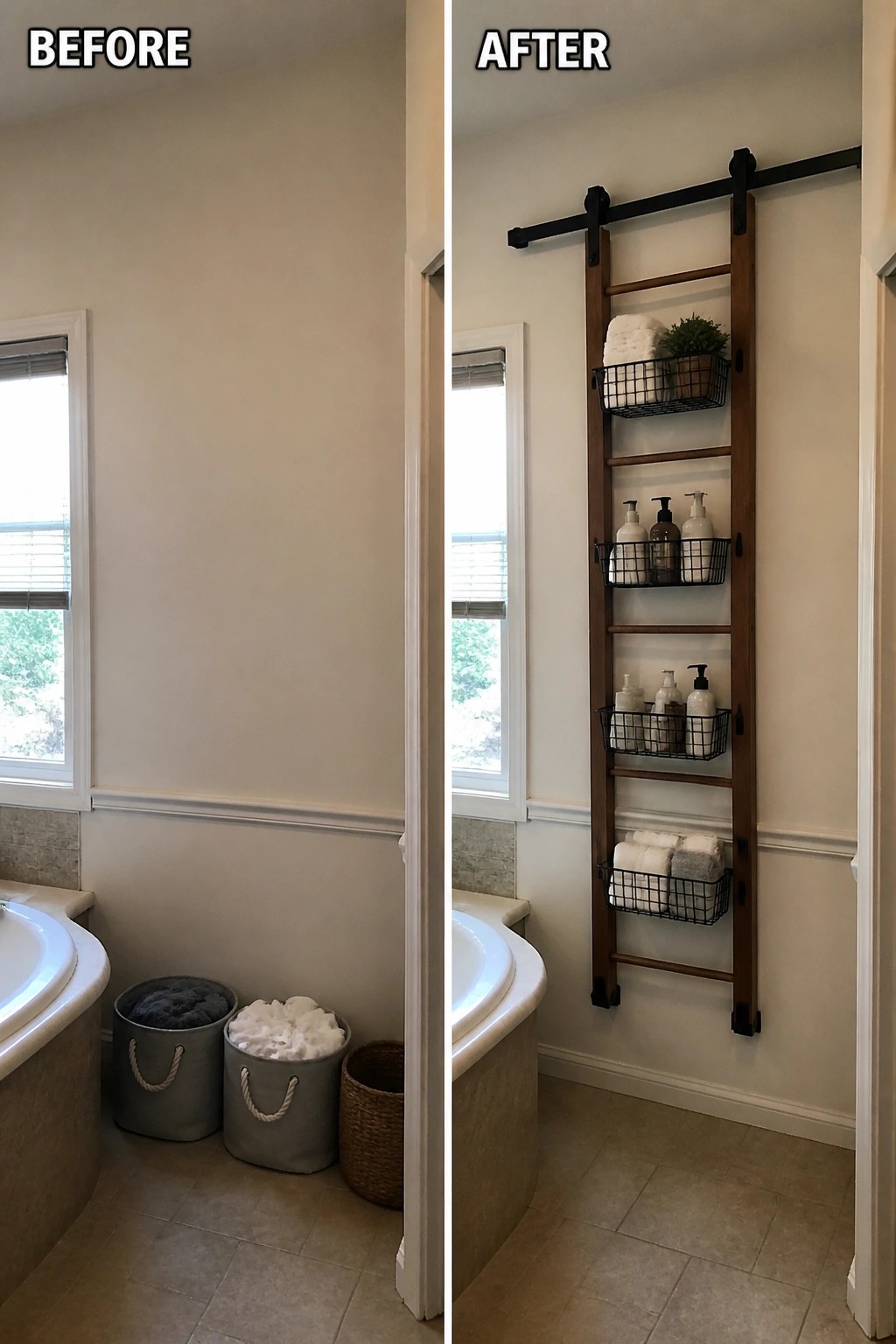 Before and after bathroom with wooden ladder shelf replacing floor laundry baskets