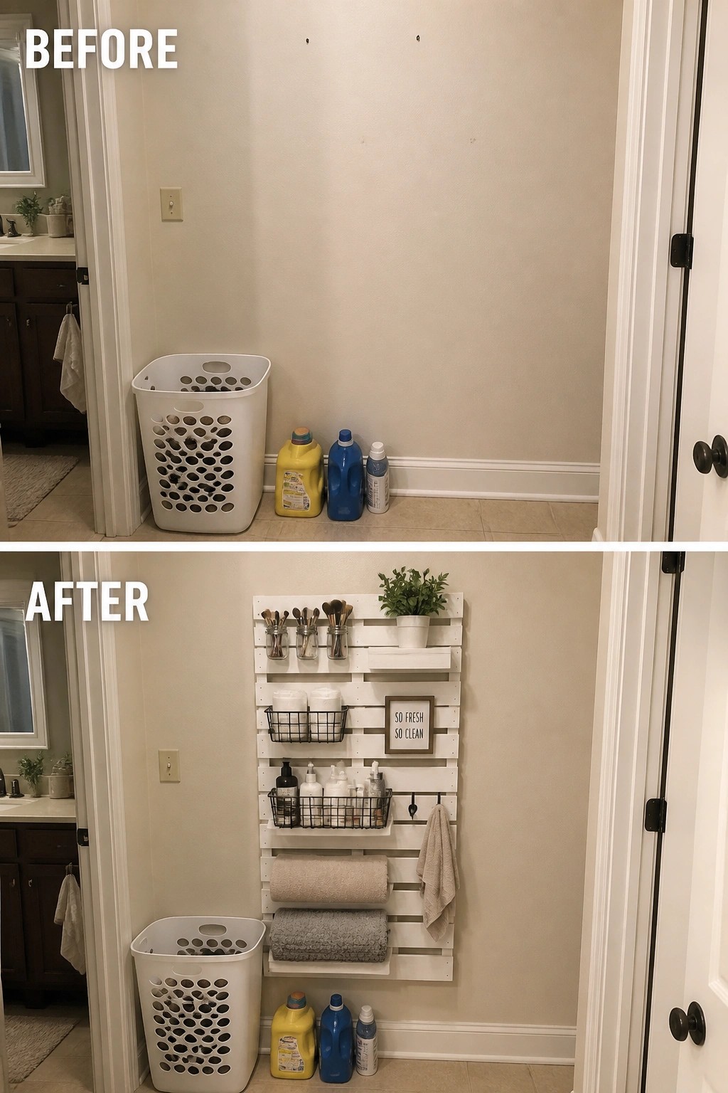 Before and after of laundry wall with white pallet organizer holding towels and supplies.