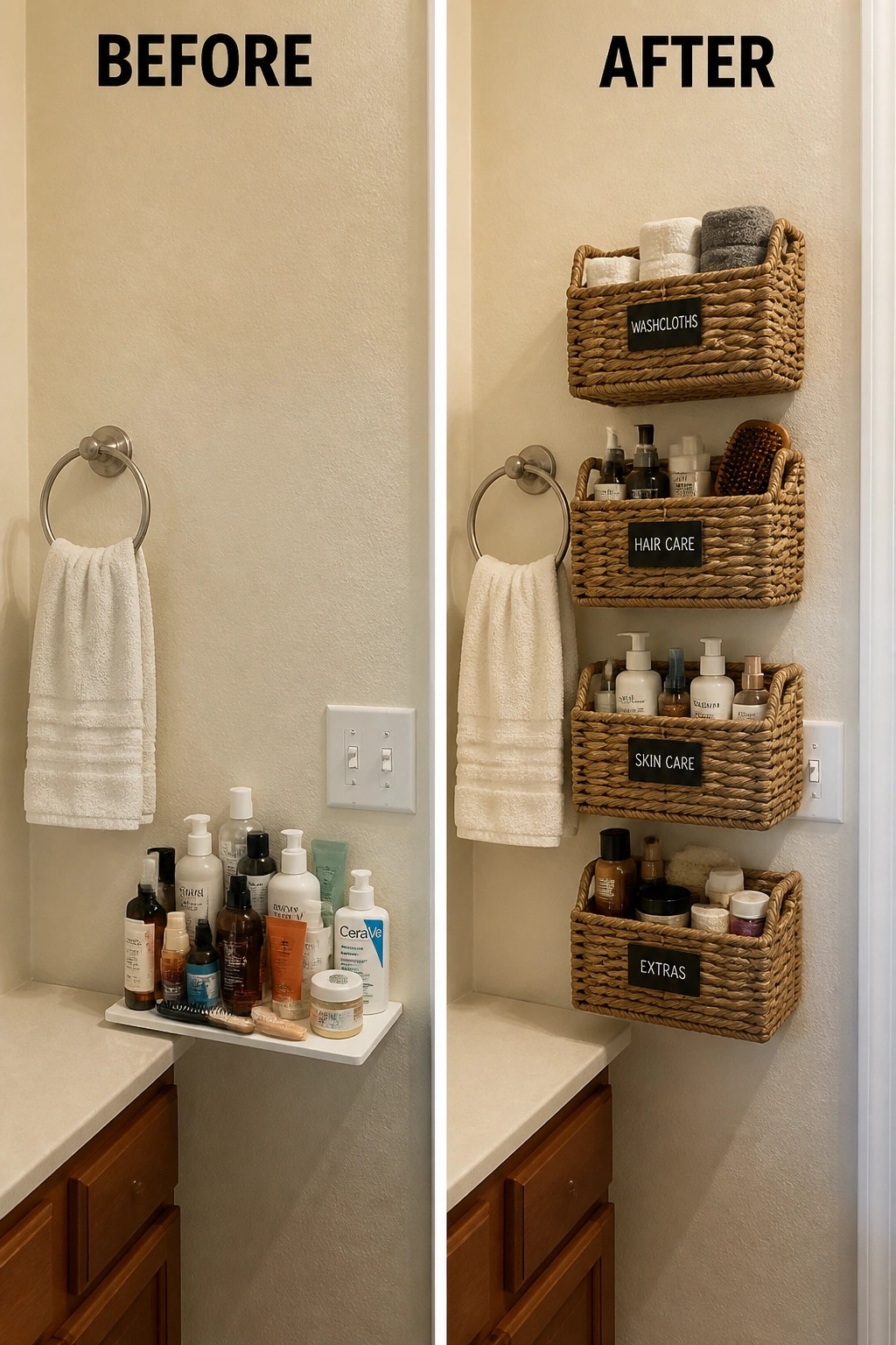 Before-and-after image of a cluttered bathroom counter changed by mounting labeled wicker baskets on the wall for organized storage.