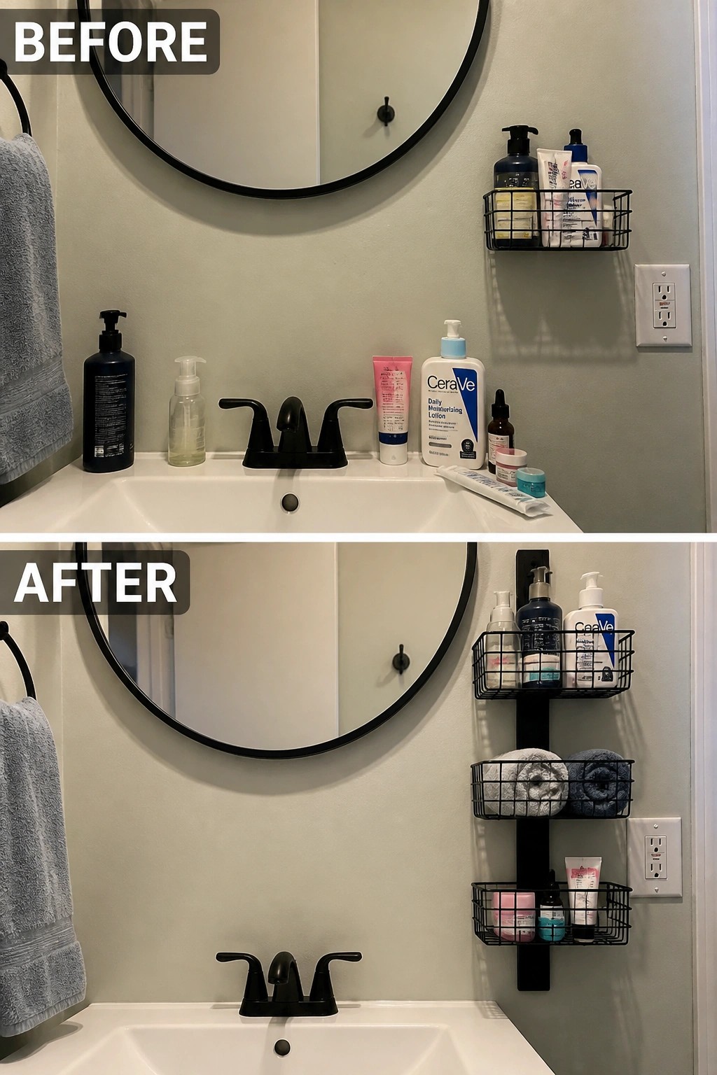 Before and after bathroom sink with products organized in black wall baskets.