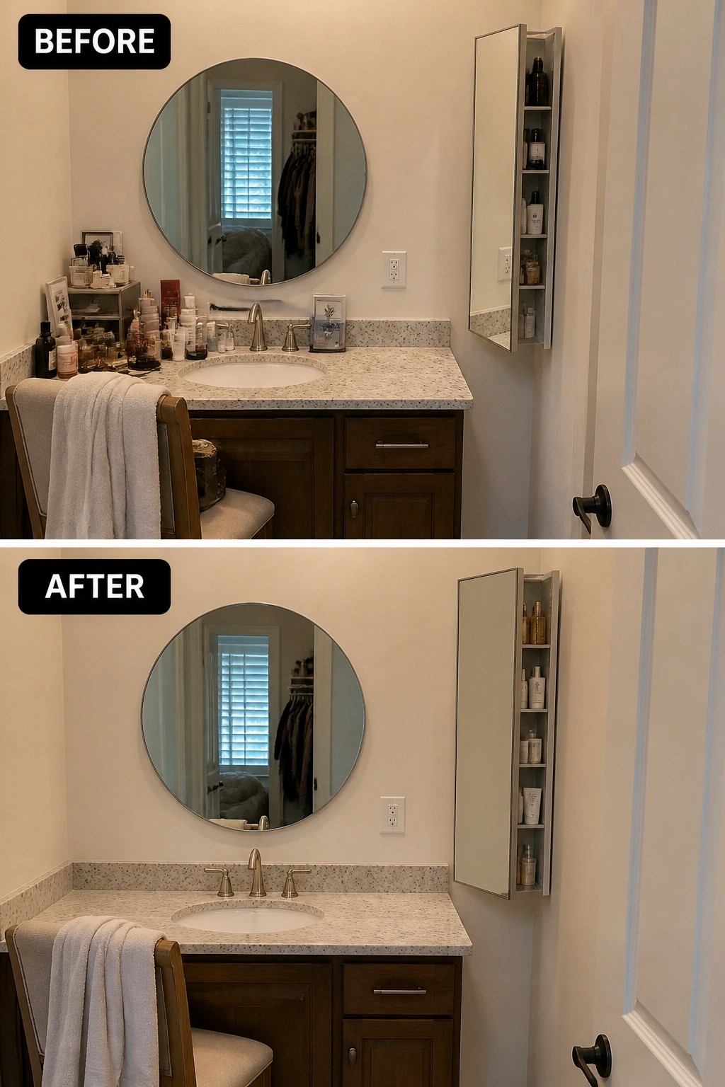 Before and after views of decluttered bathroom vanity with round mirror and wooden cabinet.