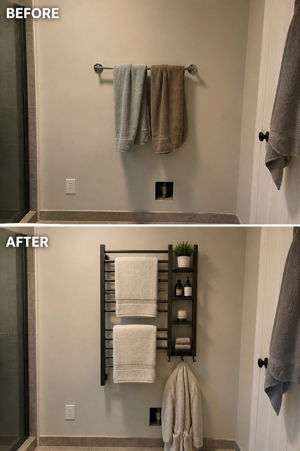 Before-after beige bathroom wall with basic bar upgraded to black shelved rack holding white towels