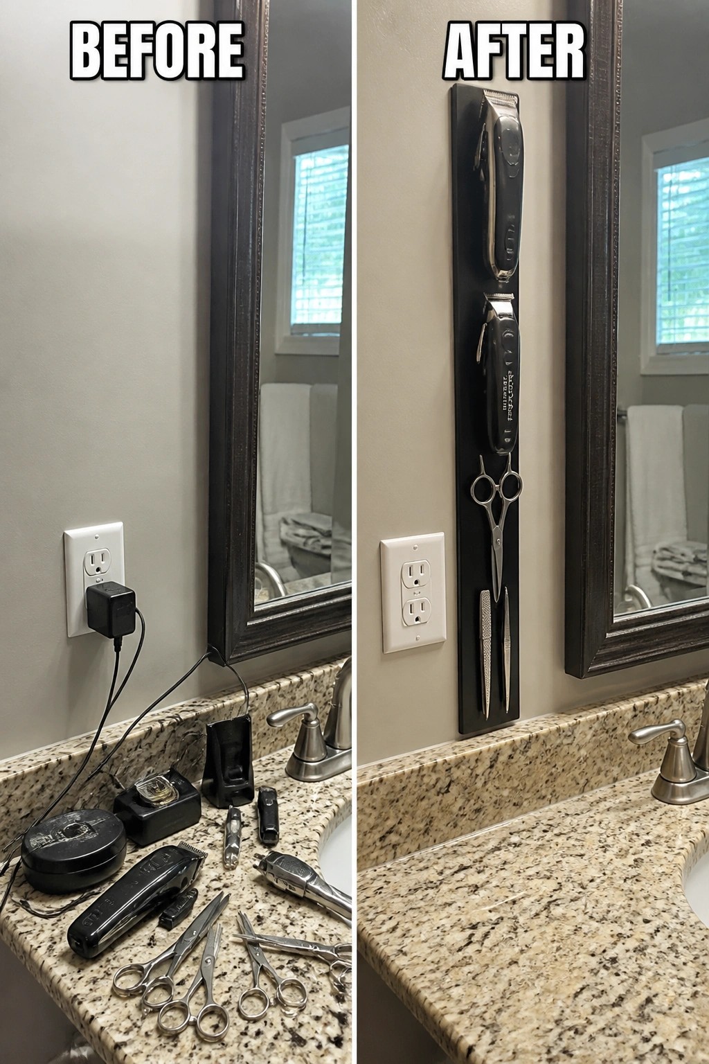 Before-and-after image of a cluttered bathroom counter with grooming tools changed to a clean surface with the same tools stored on a vertical wall panel.