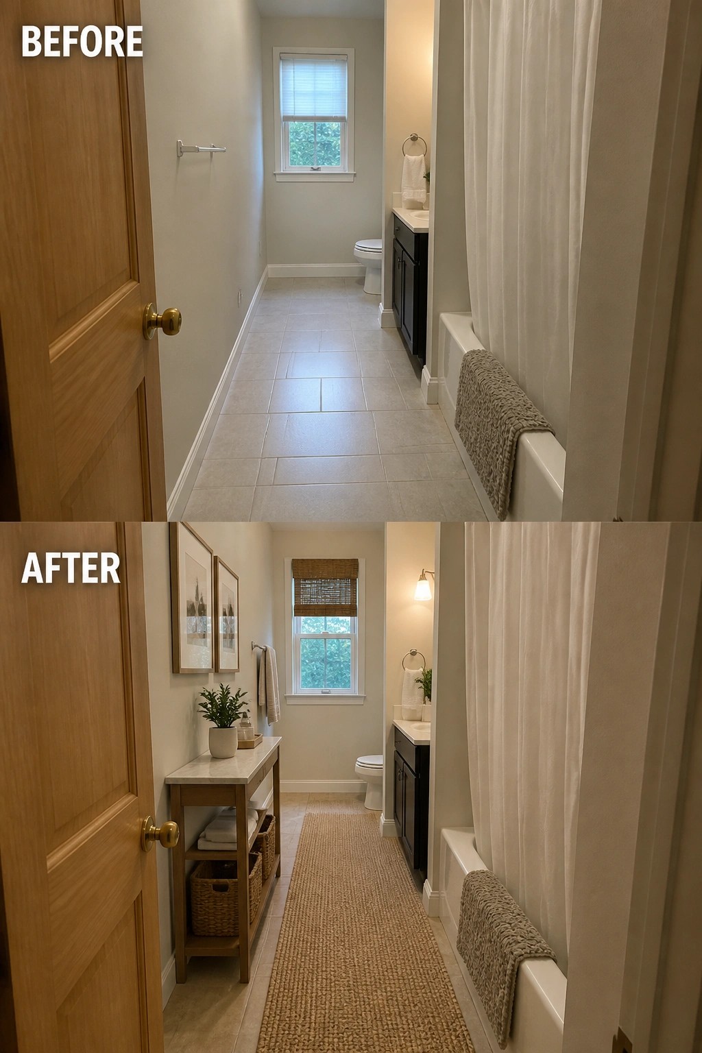 Before and after narrow bathroom with new rug, console, and decor.