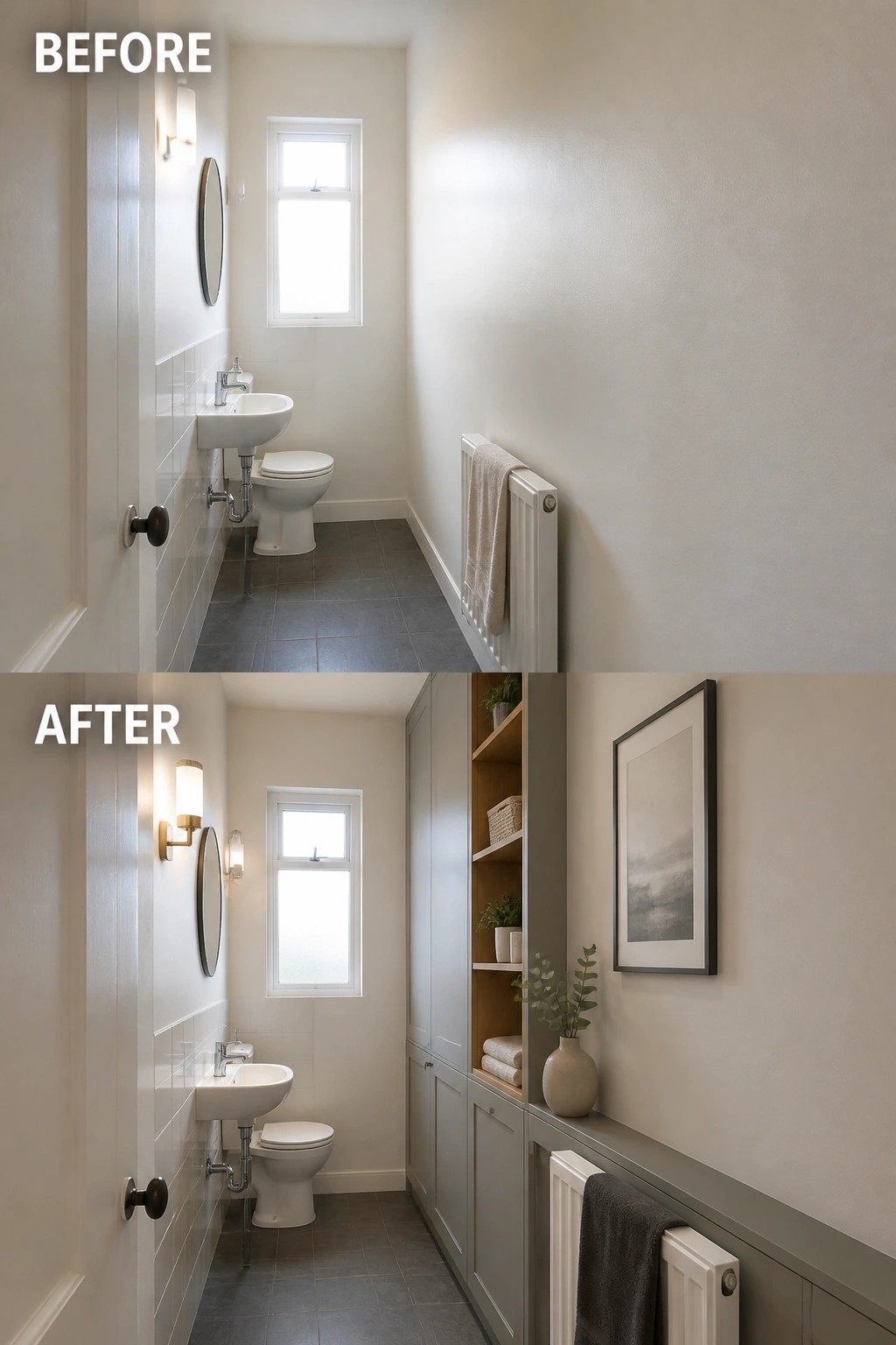 Before-and-after image of a narrow bathroom updated with built-in cabinets, open shelving, and lower wall paneling along the long side.