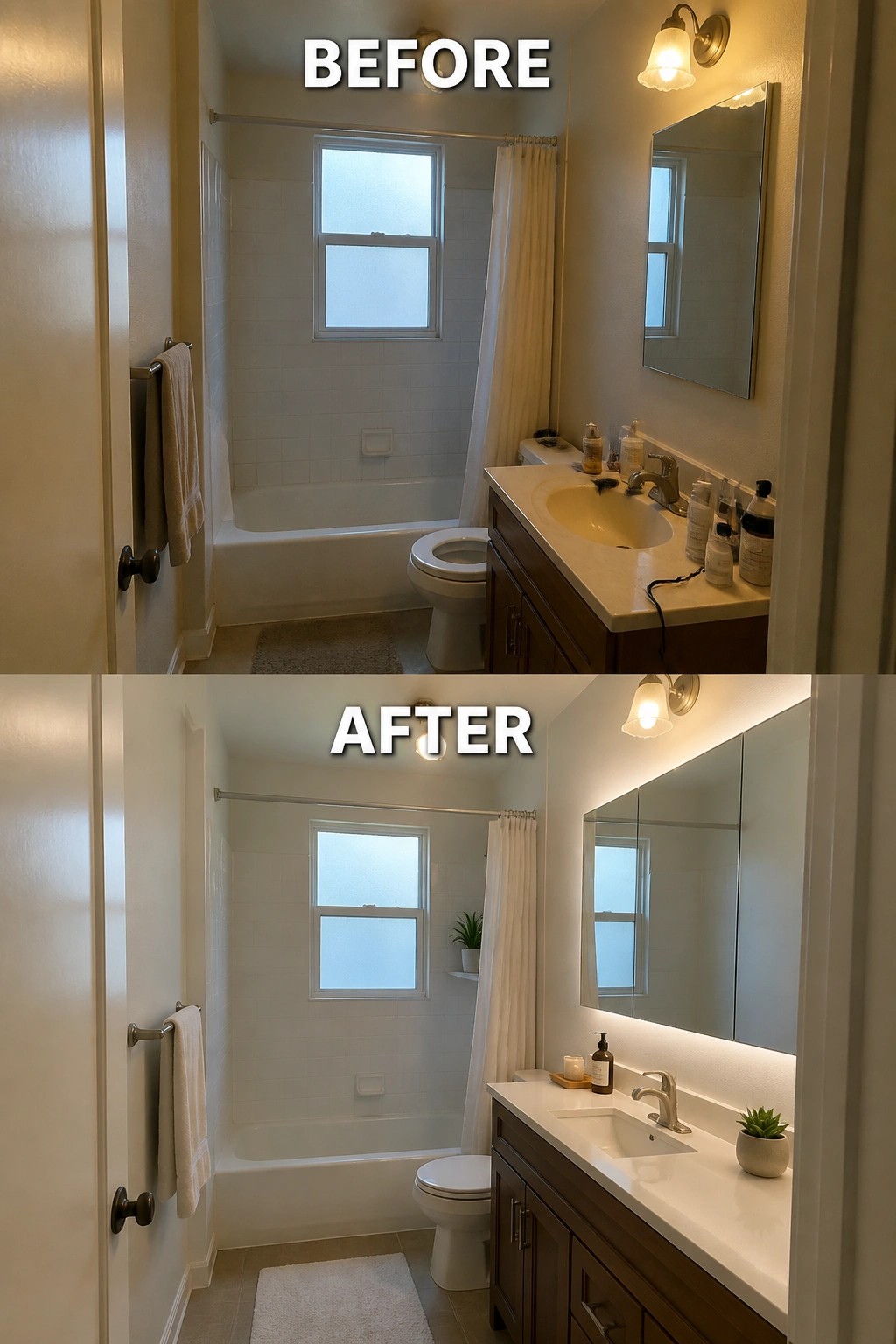 Before-and-after bathroom renovation with updated vanity, mirror, and lighting.