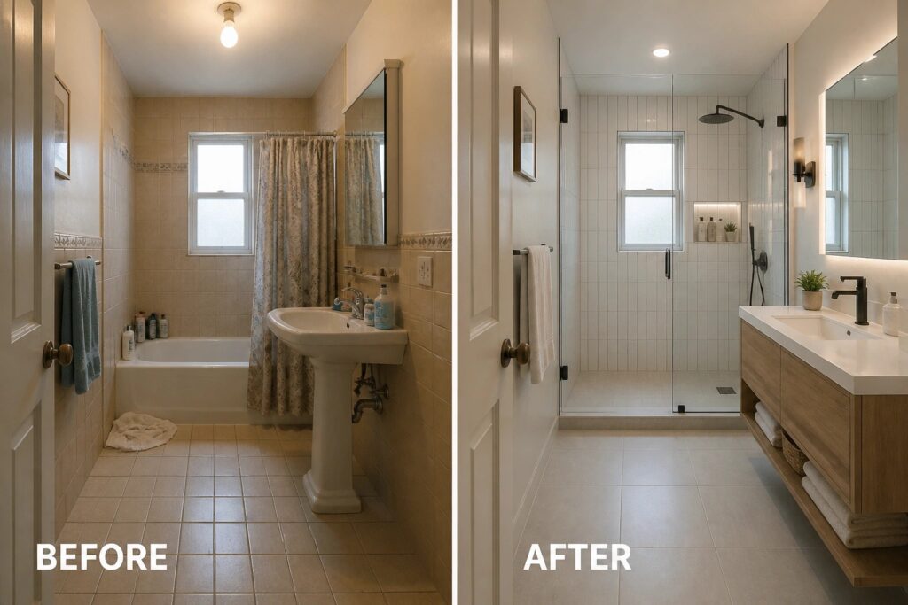 22 Creative Small Bathroom Remodel Ideas Designed for Long Narrow Layouts Before and after of a bathroom remodel with new tiles, vanity, and shower.