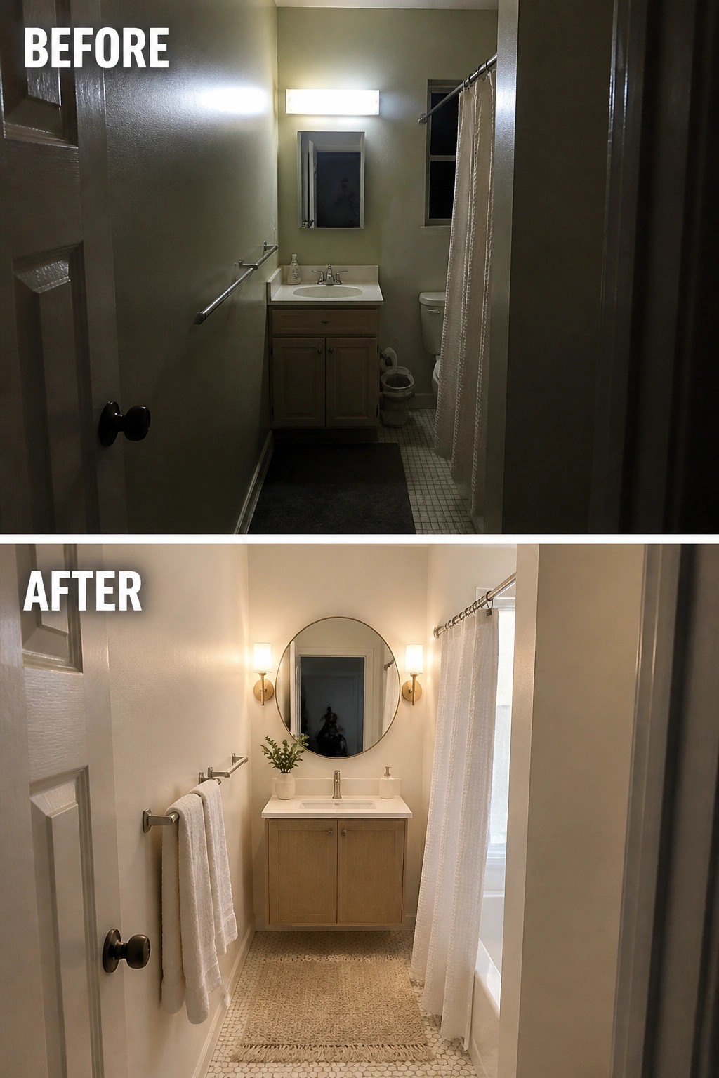 Before and after view of narrow bathroom with updated vanity, mirror, and lighting.