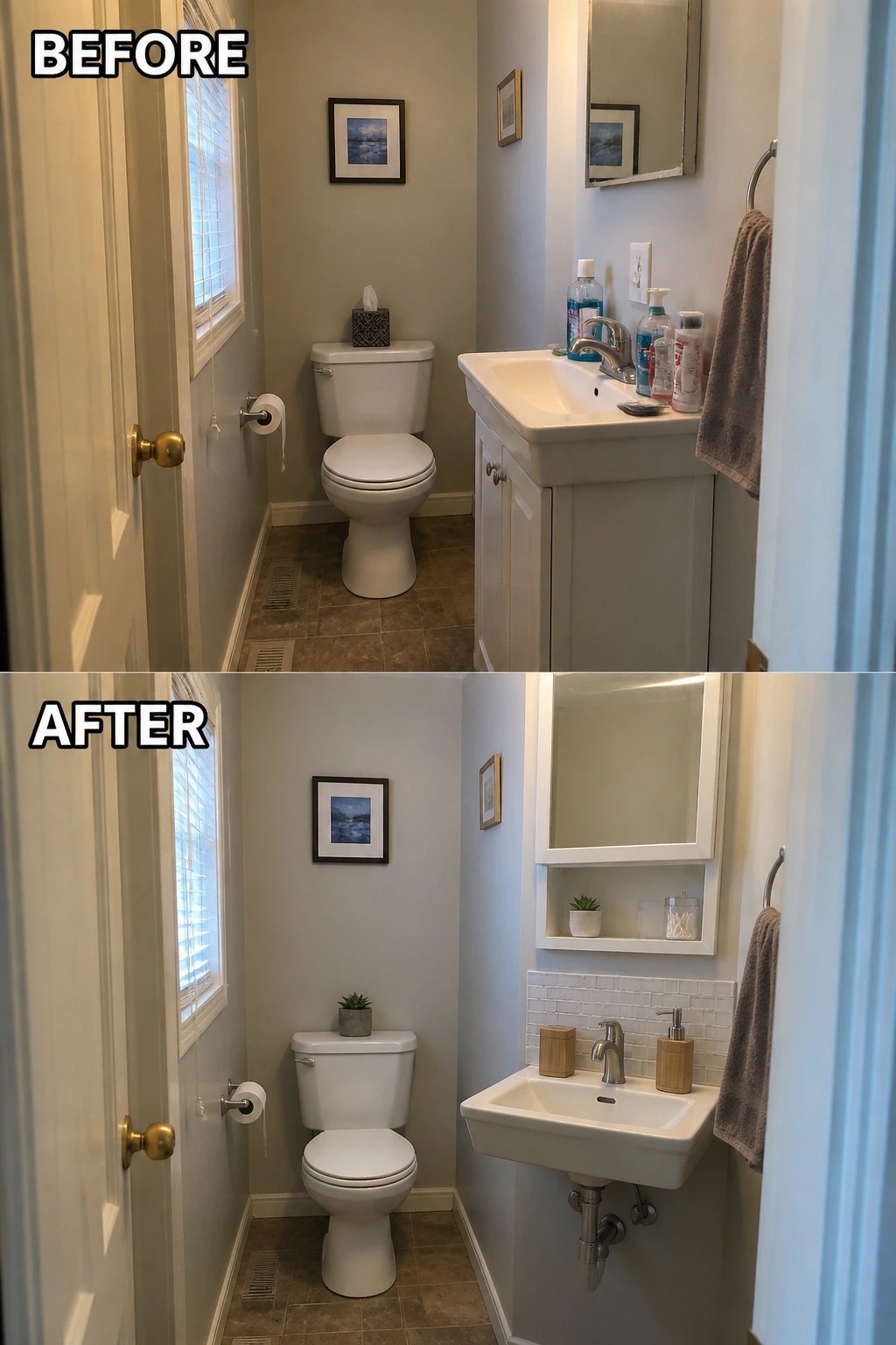 Before and after views of a small bathroom with white toilet and sink.