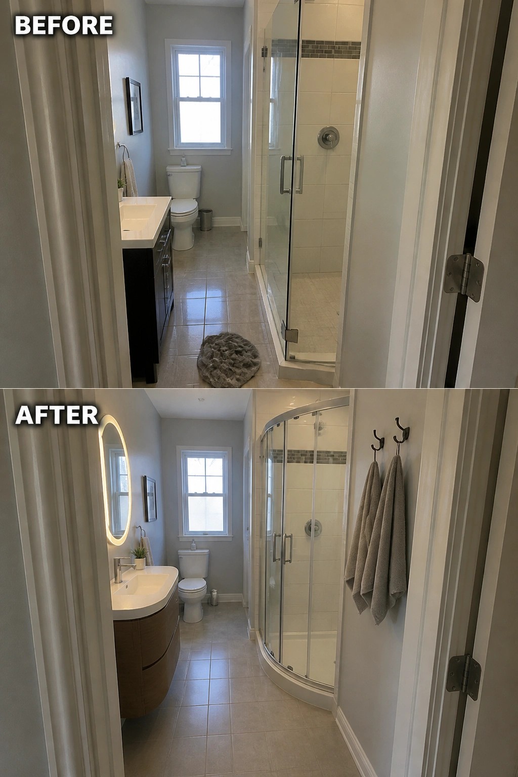 Before-and-after image of a narrow bathroom with the shower updated from a rectangular glass door to a curved enclosure and the vanity changed to a floating wood model.
