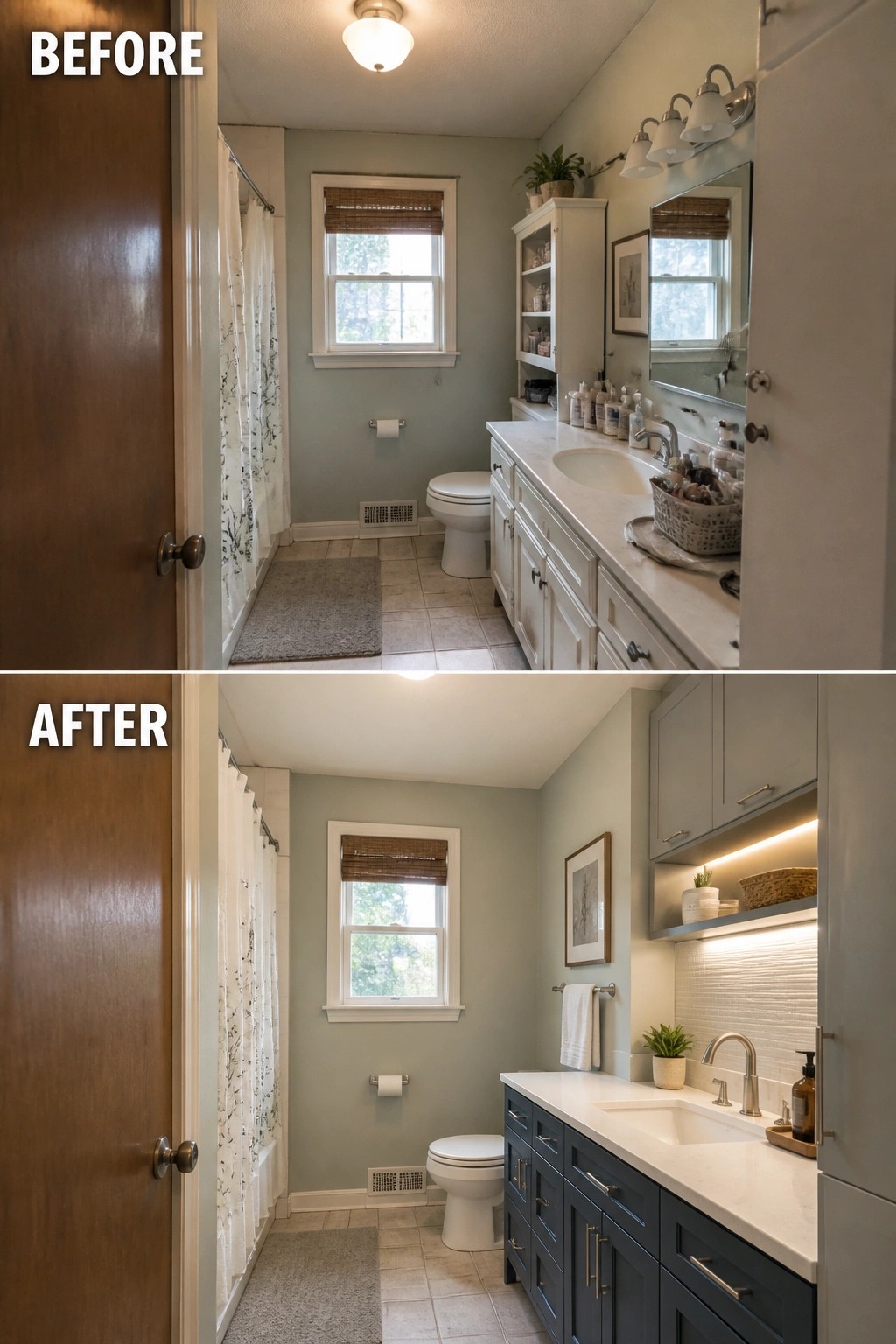 Before and after bathroom remodel with light vs dark blue vanity update