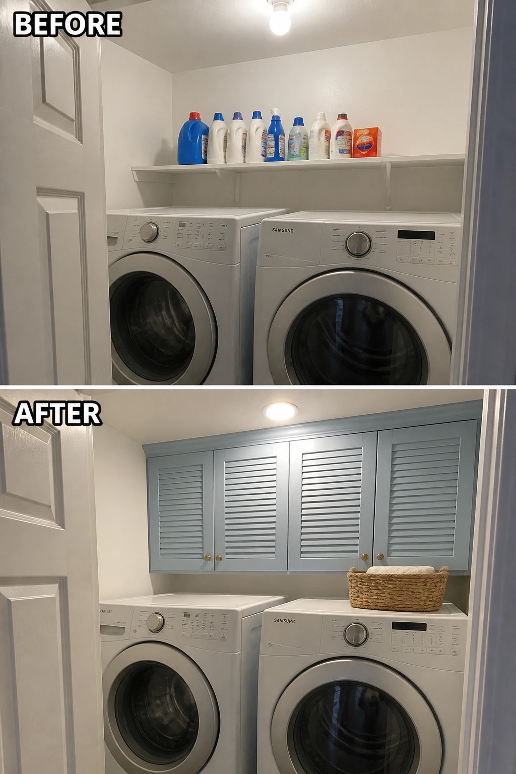 Before and after laundry room with new blue cabinets above white washing machines.