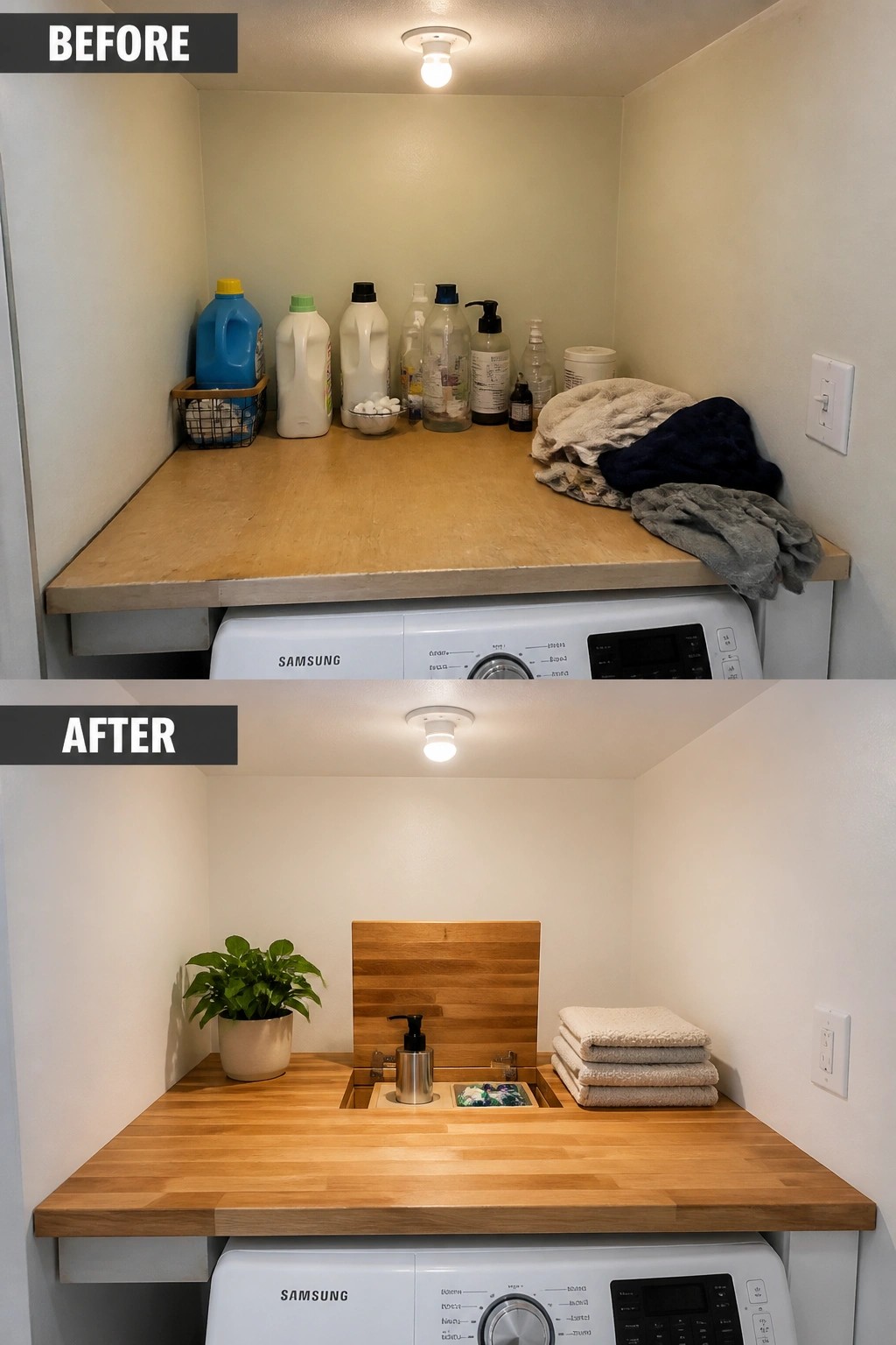 Before cluttered laundry counter with bottles and towels, after neat organized setup with plant above washer.