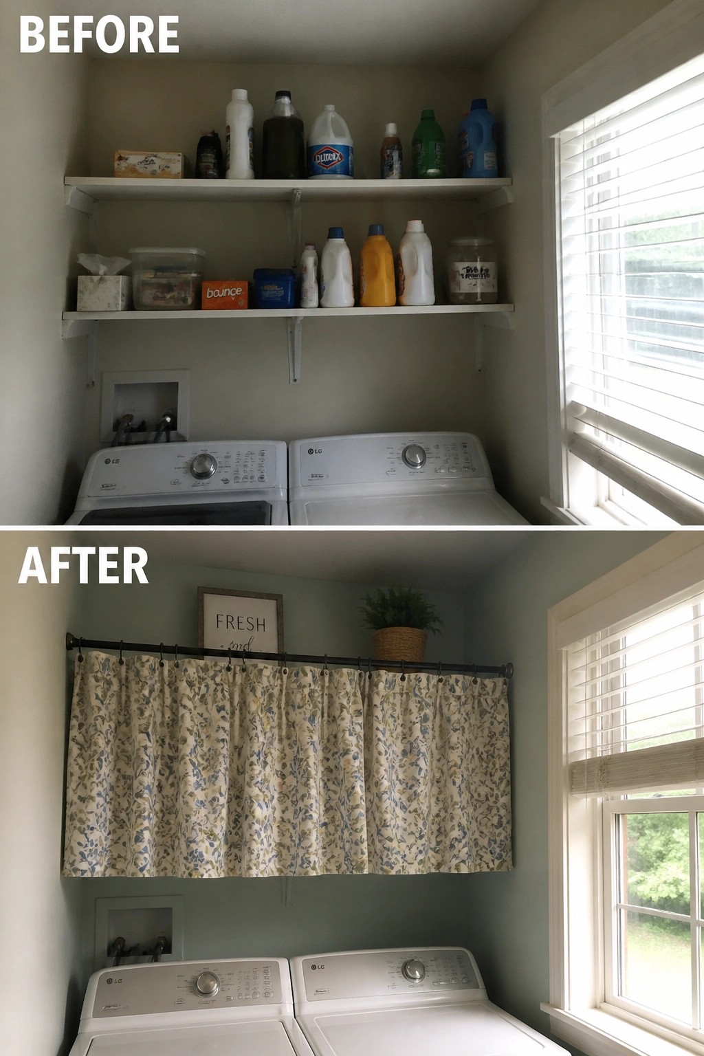 Before-and-after image of a laundry room with open shelves of cleaning supplies hidden behind a curtain on a rod.