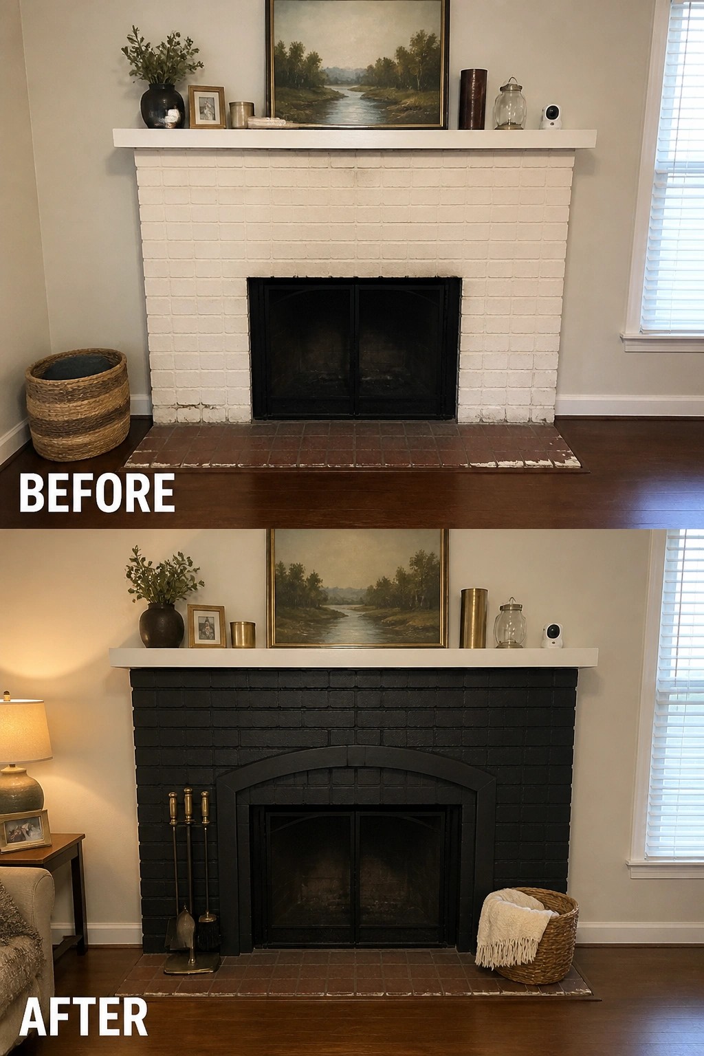Before and after of white brick fireplace painted black with updated decor.