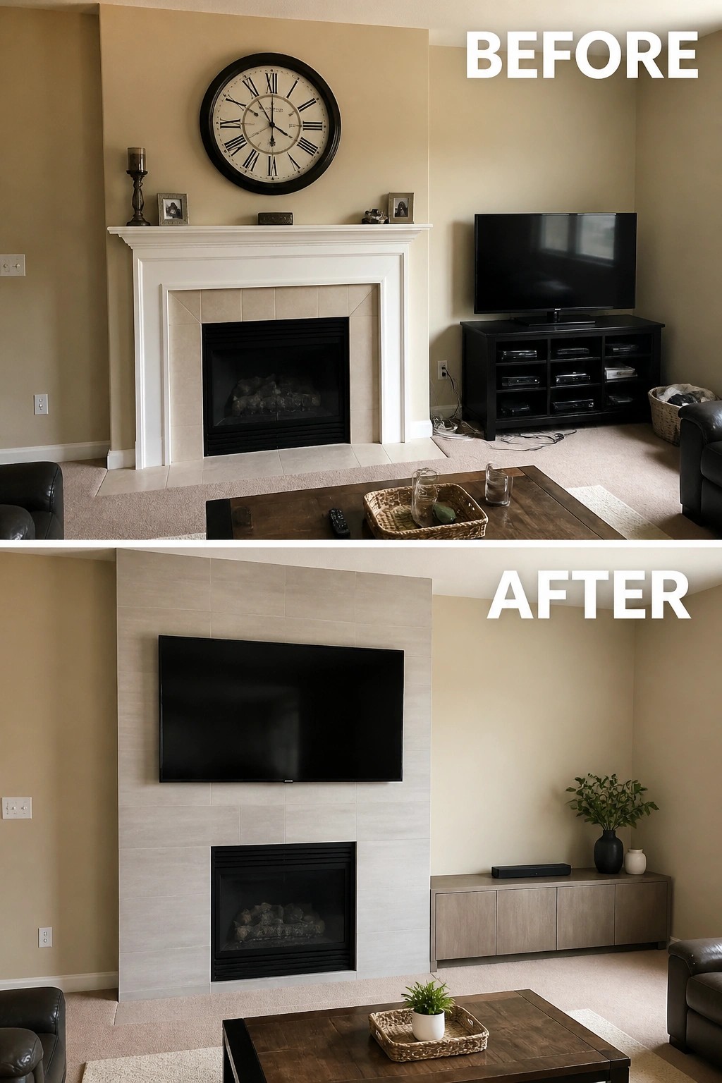 Before-and-after image of a living room fireplace wall updated with an extended tile surround and the television mounted above the firebox.