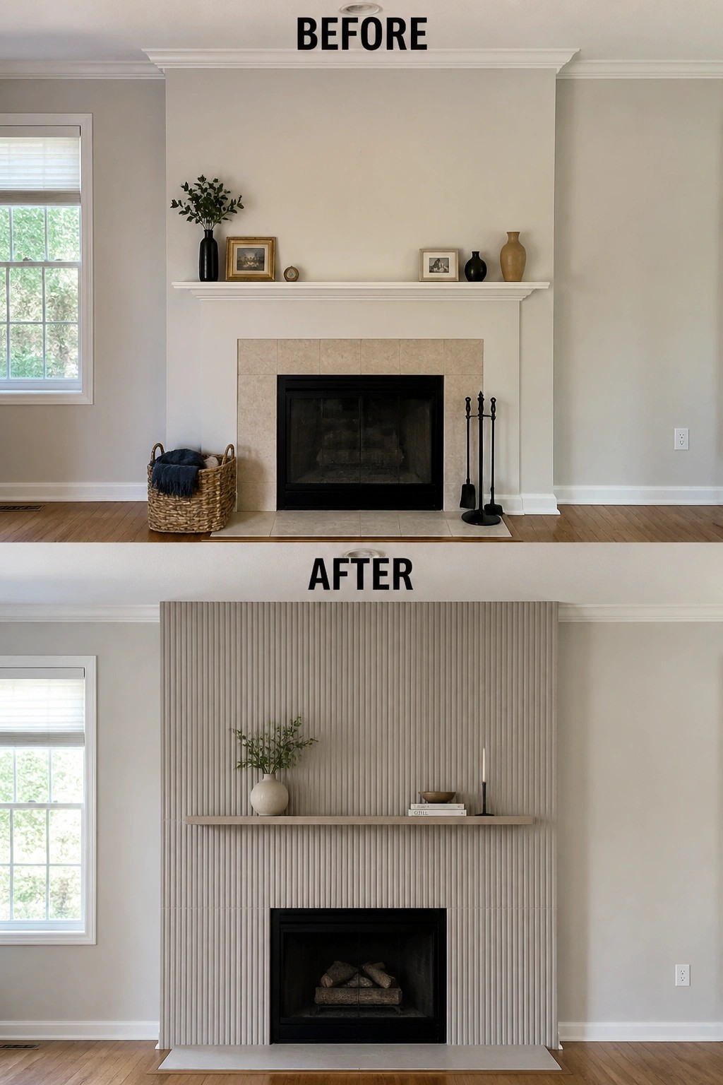Before-and-after image of a builder-basic fireplace updated with a full-height vertical slat wall and floating shelf.