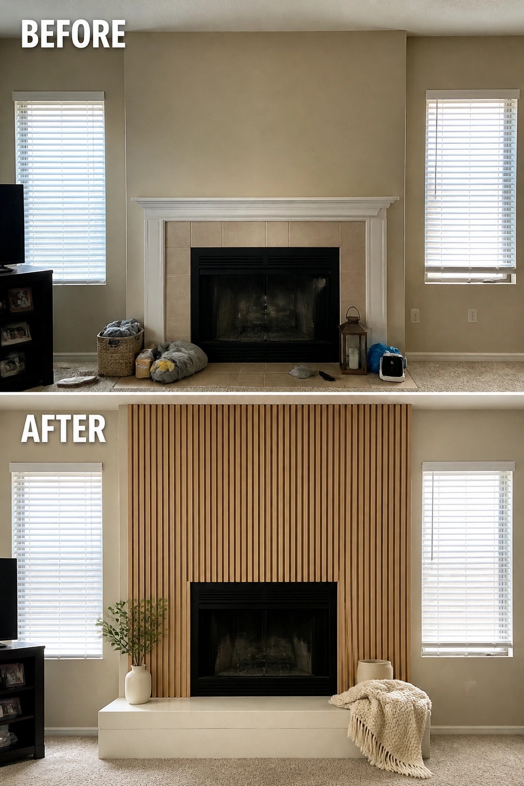 Before and after fireplace with vertical wood slats, white bench, and minimalist decor