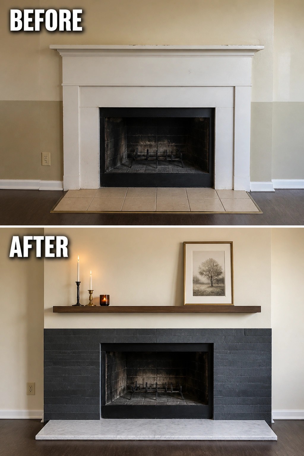 Before-and-after fireplace remodel: white mantel replaced by dark stone surround with wooden shelf and decor.