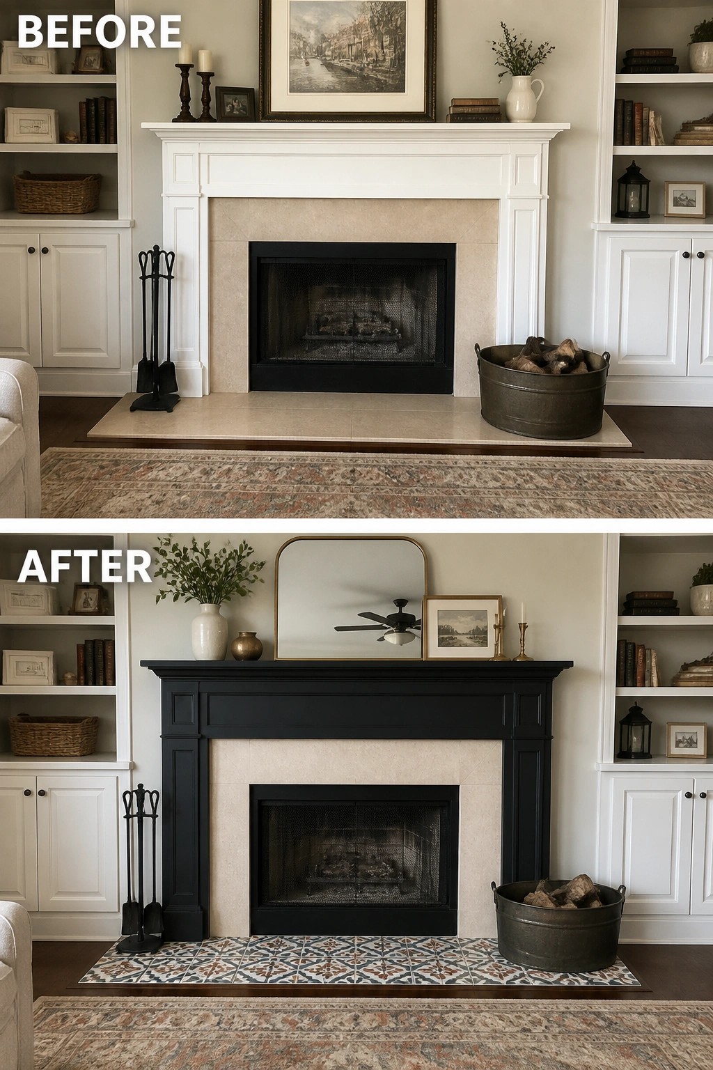 Before-and-after image of a white fireplace mantel painted black with patterned tile added to the hearth.