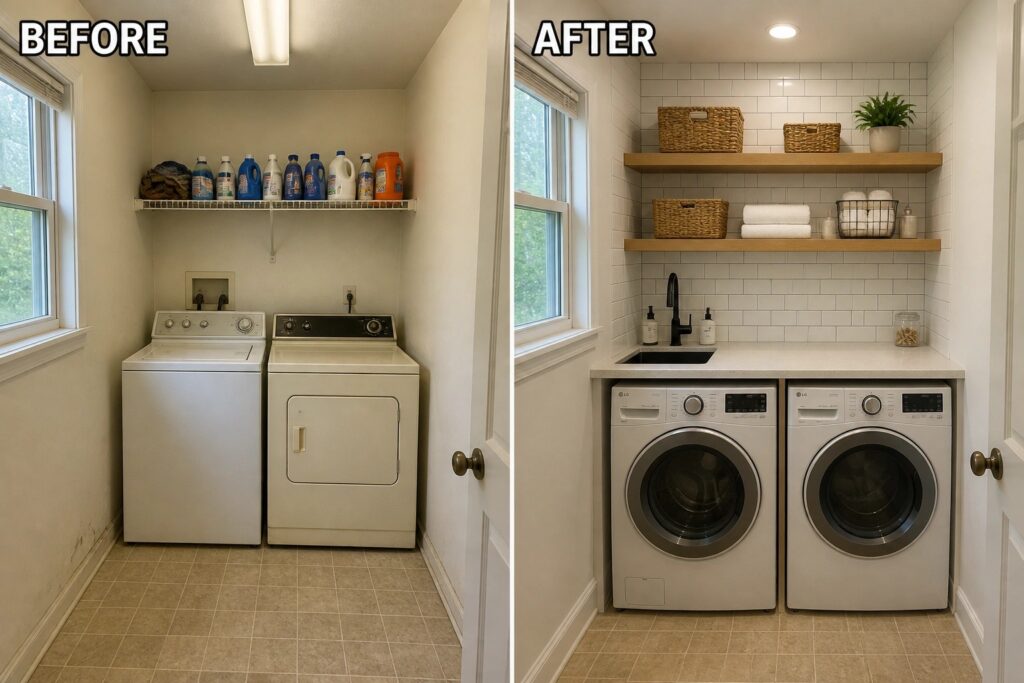 22 Modern Small Laundry Room Makeover Ideas Using Tile and Floating Shelves Before and after laundry room remodel with new front loaders, sink, and shelves.