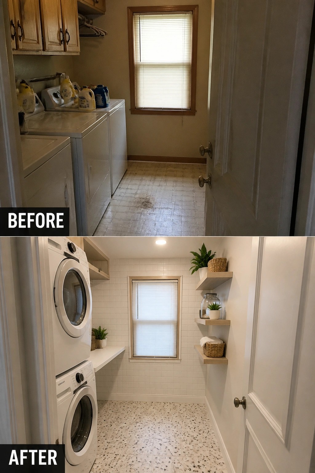Before and after of a cluttered laundry room transformed with stacked machines and shelves.