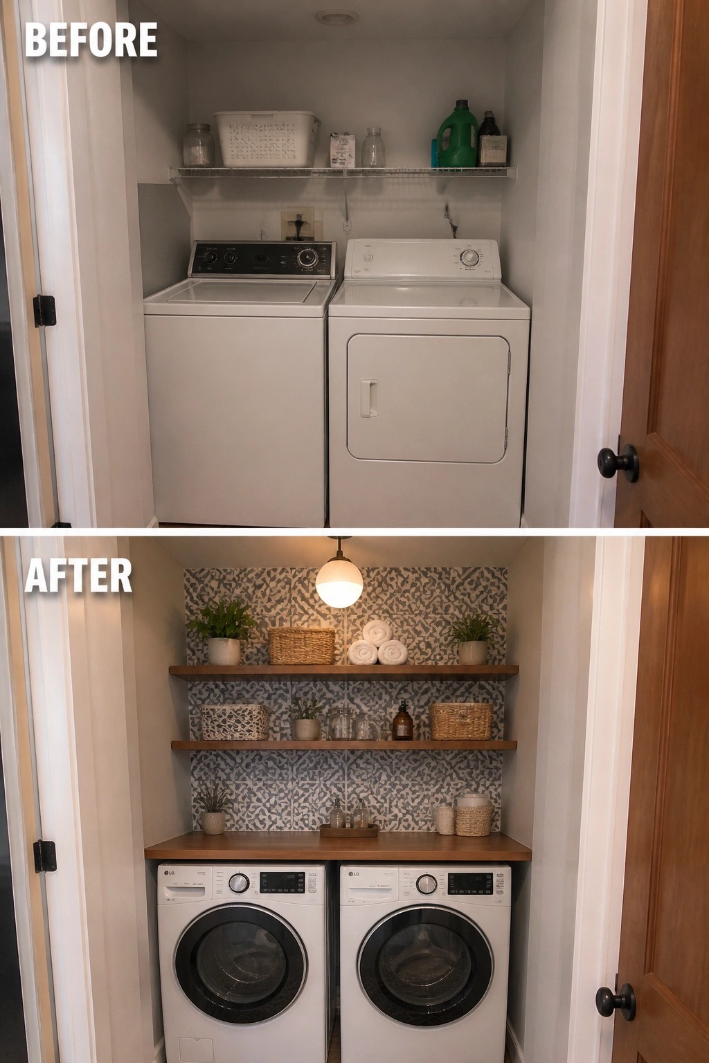 Before and after of renovated laundry closet with modern washers and decorative shelves.