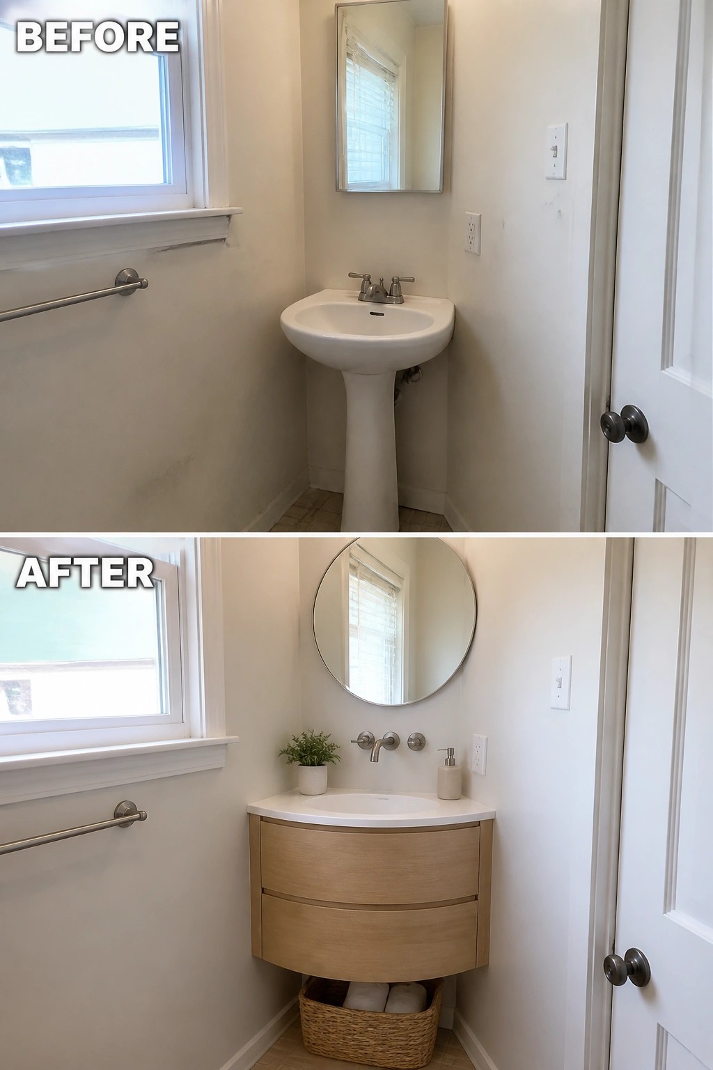 Before and after of bathroom sink: pedestal replaced by curved wooden vanity with round mirror.