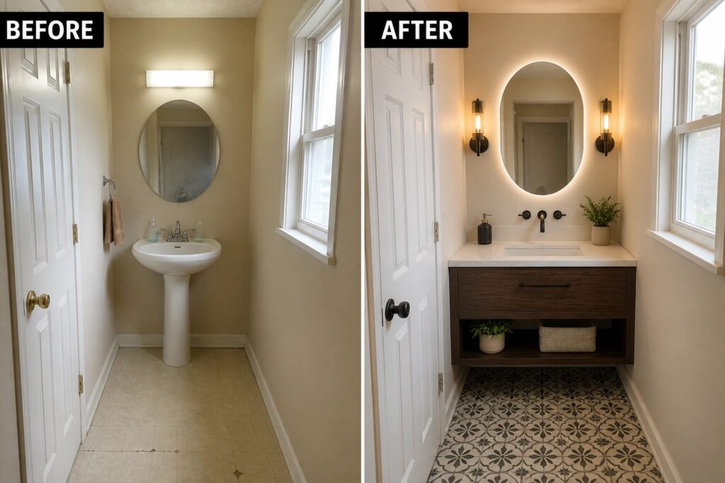 22 Practical Bathroom Remodel Ideas Featuring Floating Vanities and Updated Fixtures Before and after narrow bathroom remodel with new vanity, mirror, and patterned floor.