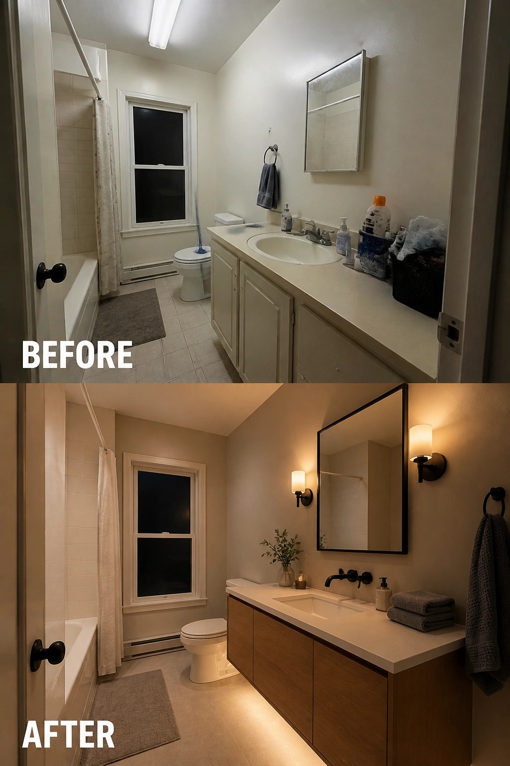 Before-and-after image of a bathroom with a white built-in vanity replaced by a floating wood vanity and new black fixtures.