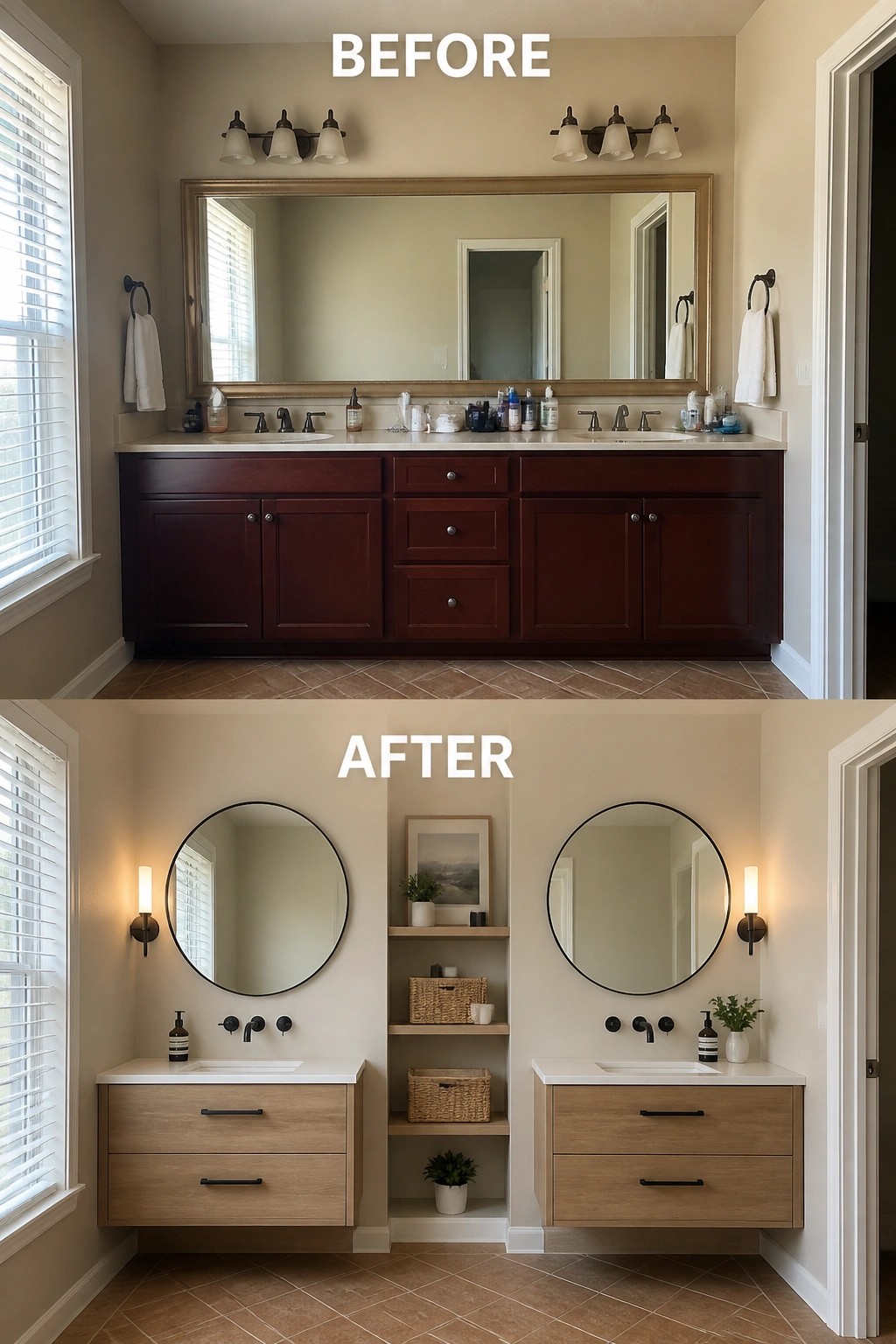 Before-and-after image of a bathroom vanity area updated from a single dark double vanity with a long mirror to two light floating vanities with round mirrors and open shelving.
