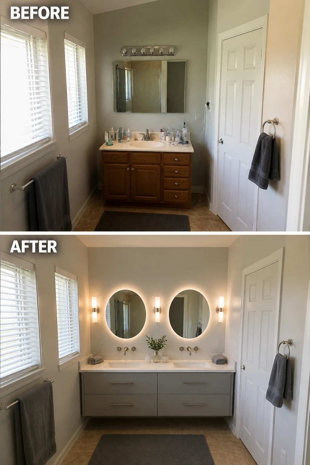 Before-and-after image of a bathroom showing a dated single-sink wooden vanity replaced by a modern floating double-sink vanity with round backlit mirrors and updated fixtures.