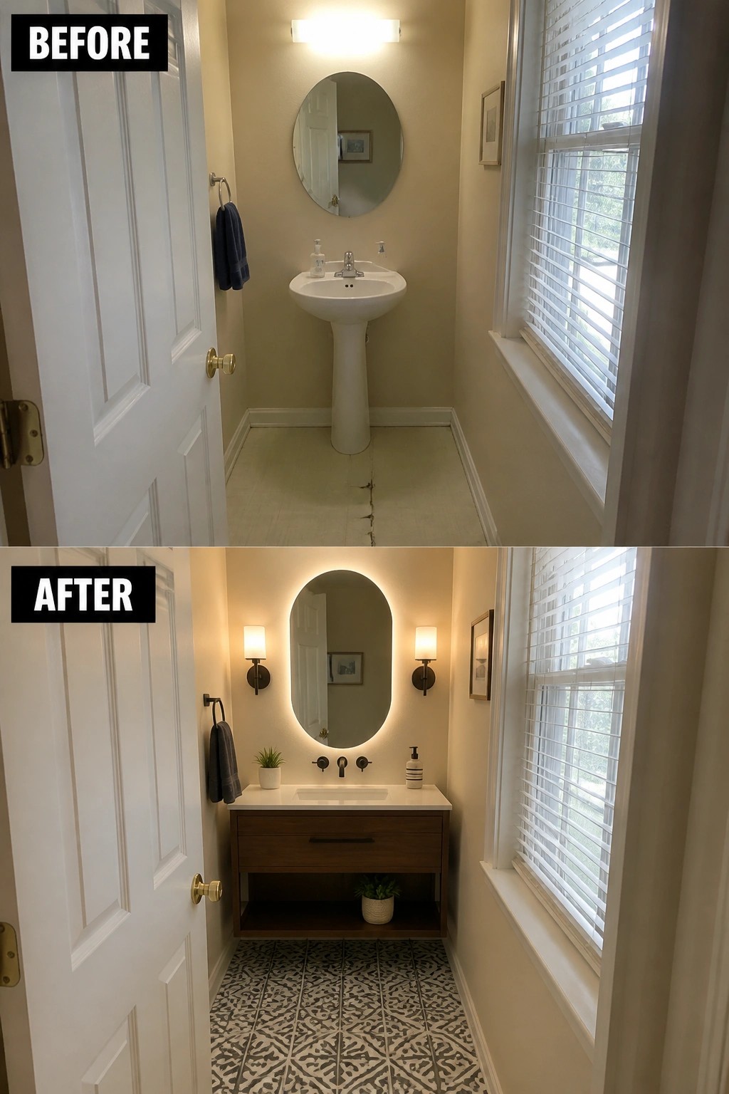 Before and after narrow bathroom remodel with new vanity, mirror, and patterned floor.