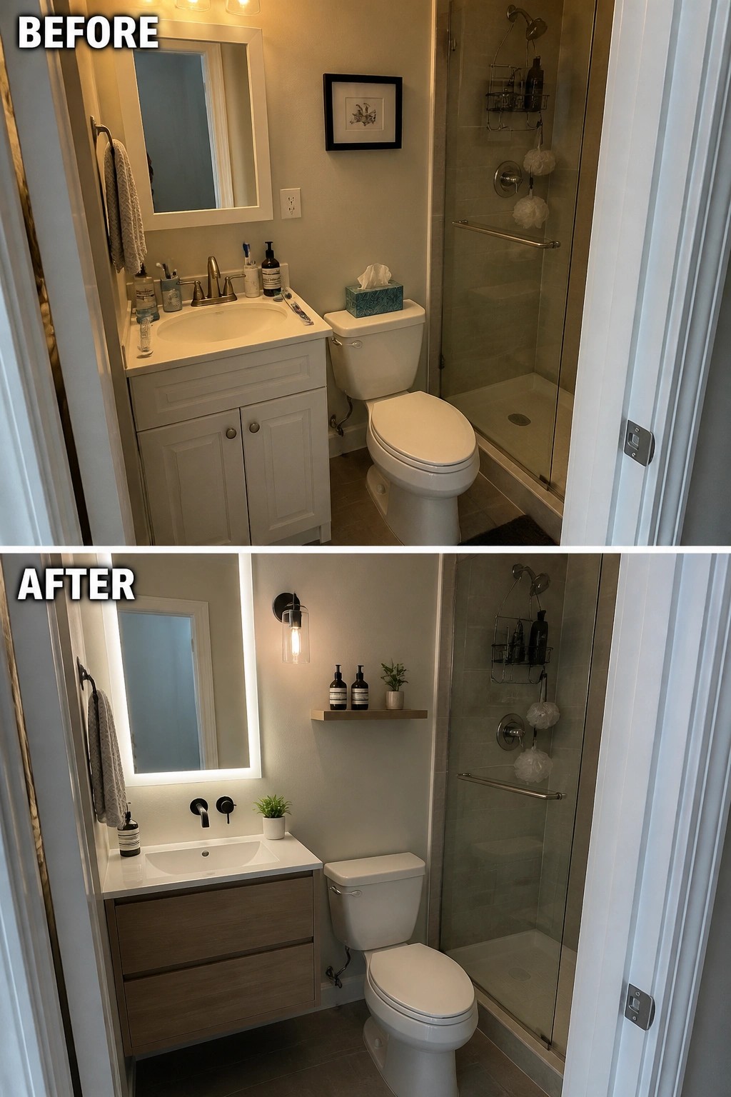 Before-and-after image of a bathroom with a traditional white cabinet vanity replaced by a floating wood vanity, backlit mirror, and updated fixtures.